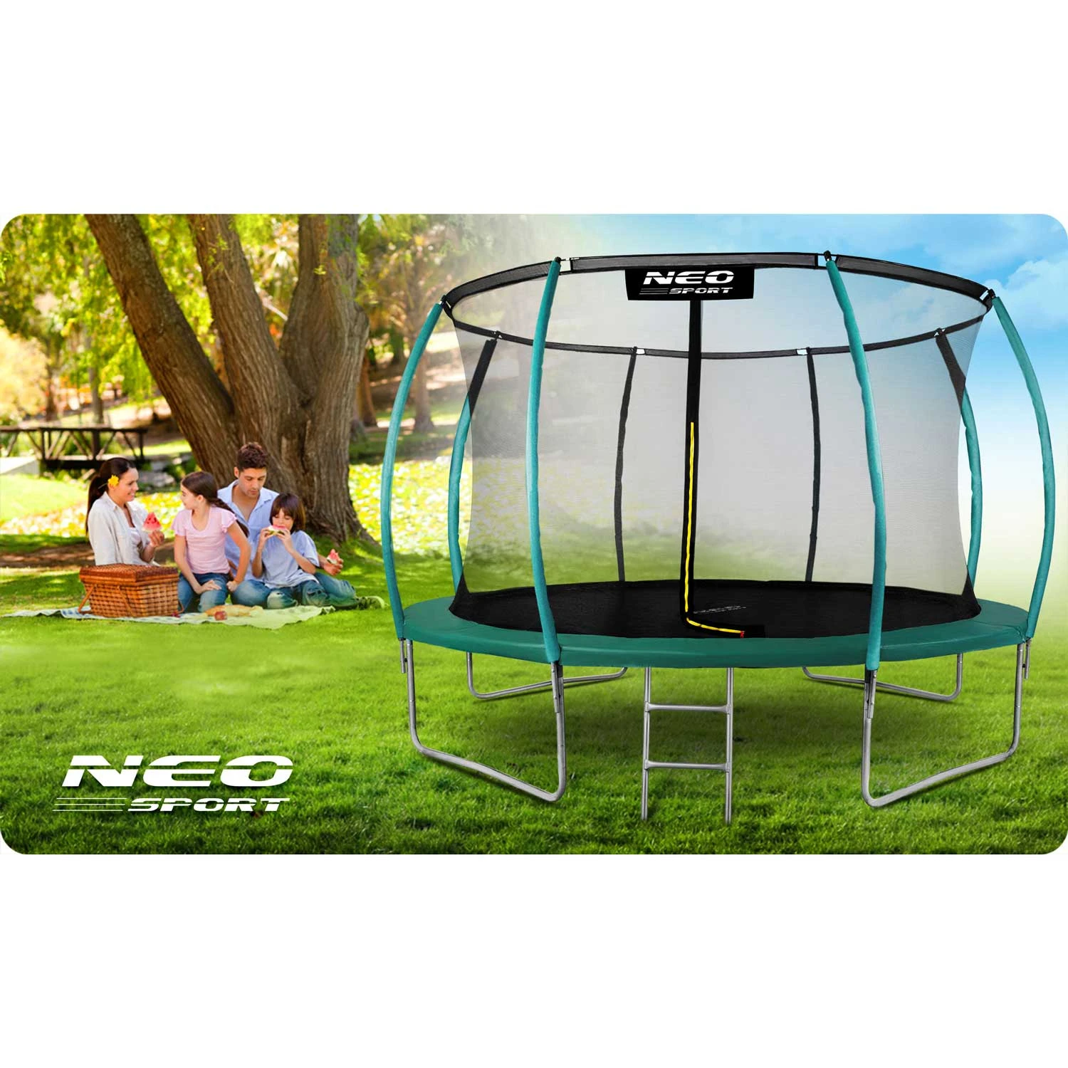 Neo-Sport NS-14C181 dārza batuts 435 cm (14ft) ar iekšējo tīklu, zaļš