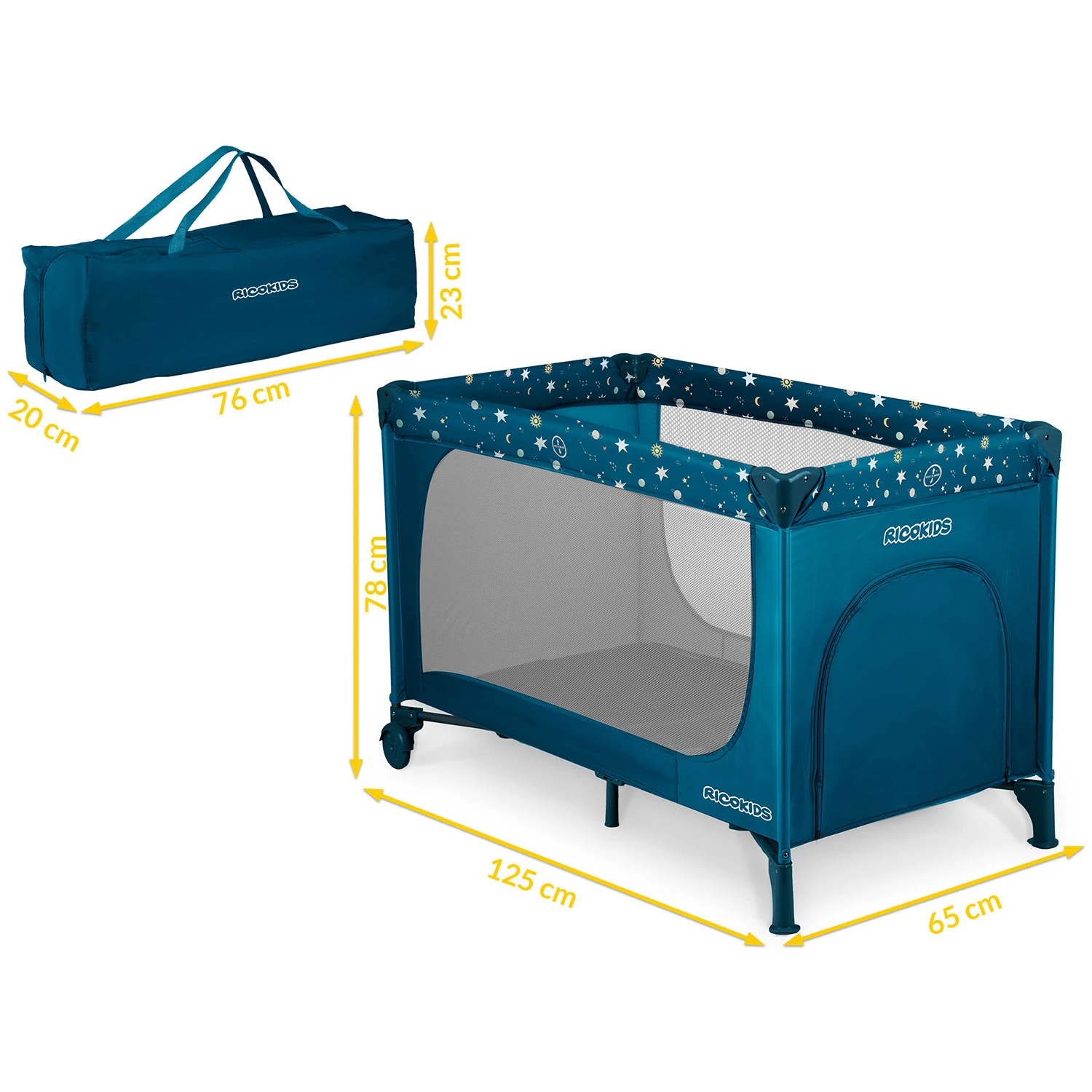 Ricokids saliekamā ceļojumu gultiņa ar matraci un somu, 125 x 65 x 78 cm, Tumši zila