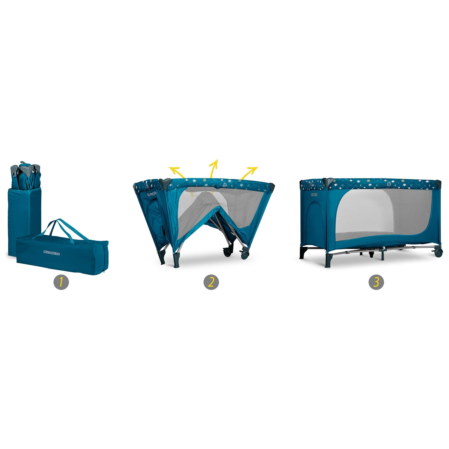 Ricokids saliekamā ceļojumu gultiņa ar matraci un somu, 125 x 65 x 78 cm, Tumši zila