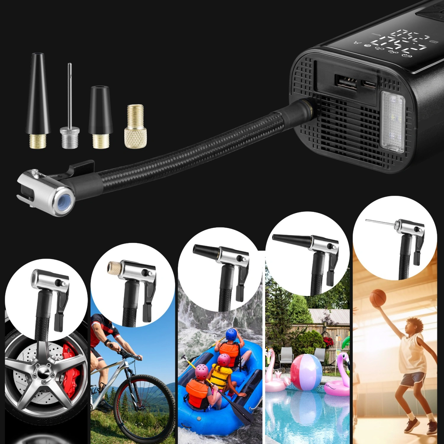 Pārnēsājams gaisa kompresors un riepu pumpis 150 PSI 6000mAh LED