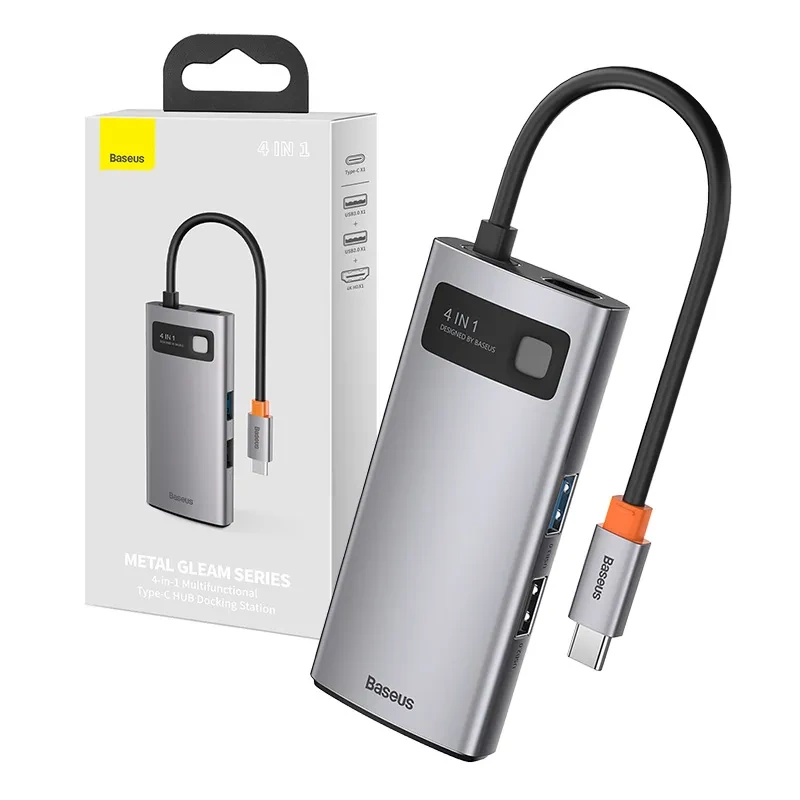 Baseus Metal Gleam Series 4in1 USB-C Hub (USB 3.0, USB 2.0, HDMI, PD) Pelēks