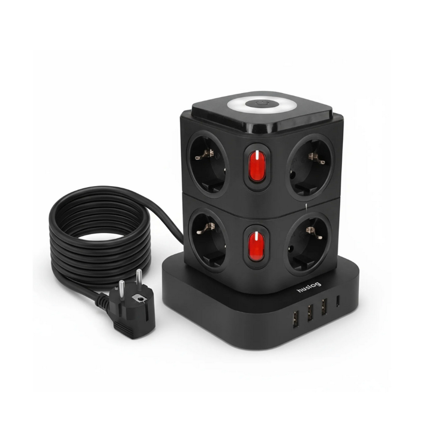 Huslog vertikāls pagarinātājs ar 4 ligzdām, USB-C un LED naktslampiņu, melns
