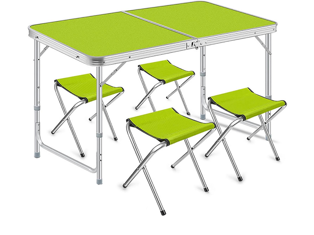 Saliekams kempinga galds ar 4 krēsliem, 120x60 cm, zaļš