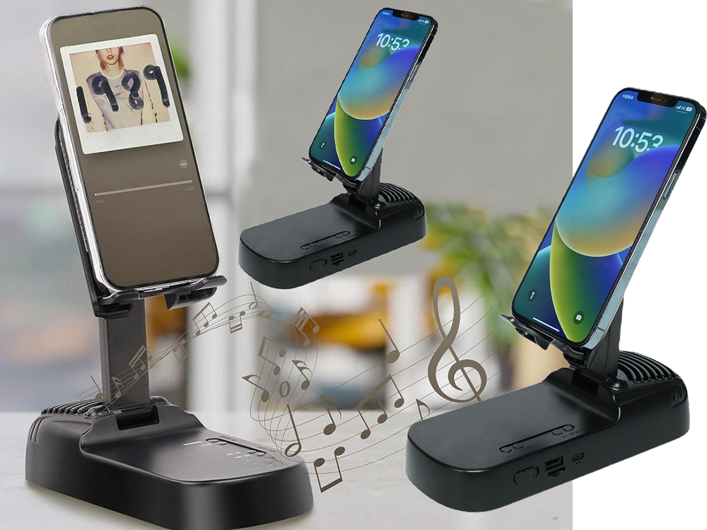 Teleskopisks telefona statīvs ar Bluetooth skaļruni un ārējo akumulatoru, melns