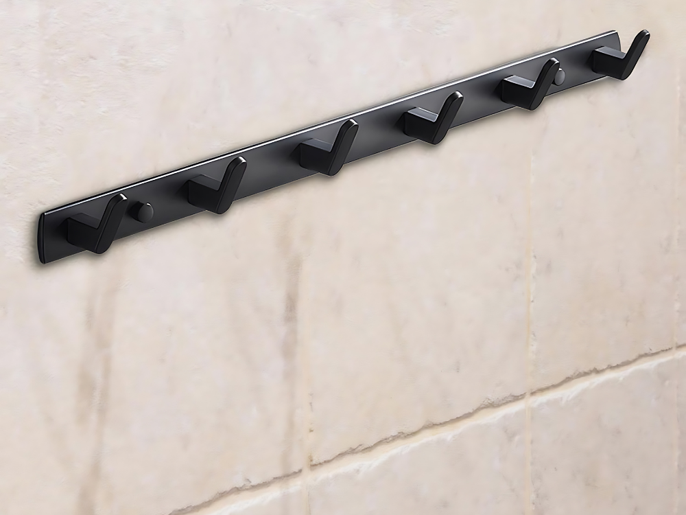 Sienas pakaramais drēbēm un dvieļiem, 6 āķi, 54.5 cm, melns