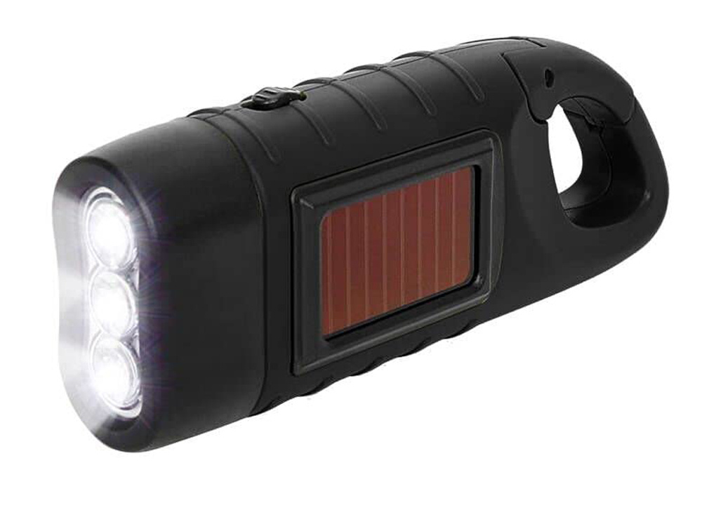 Dinamomašīnas un saules baterijas LED lukturis ar karabīni, melns