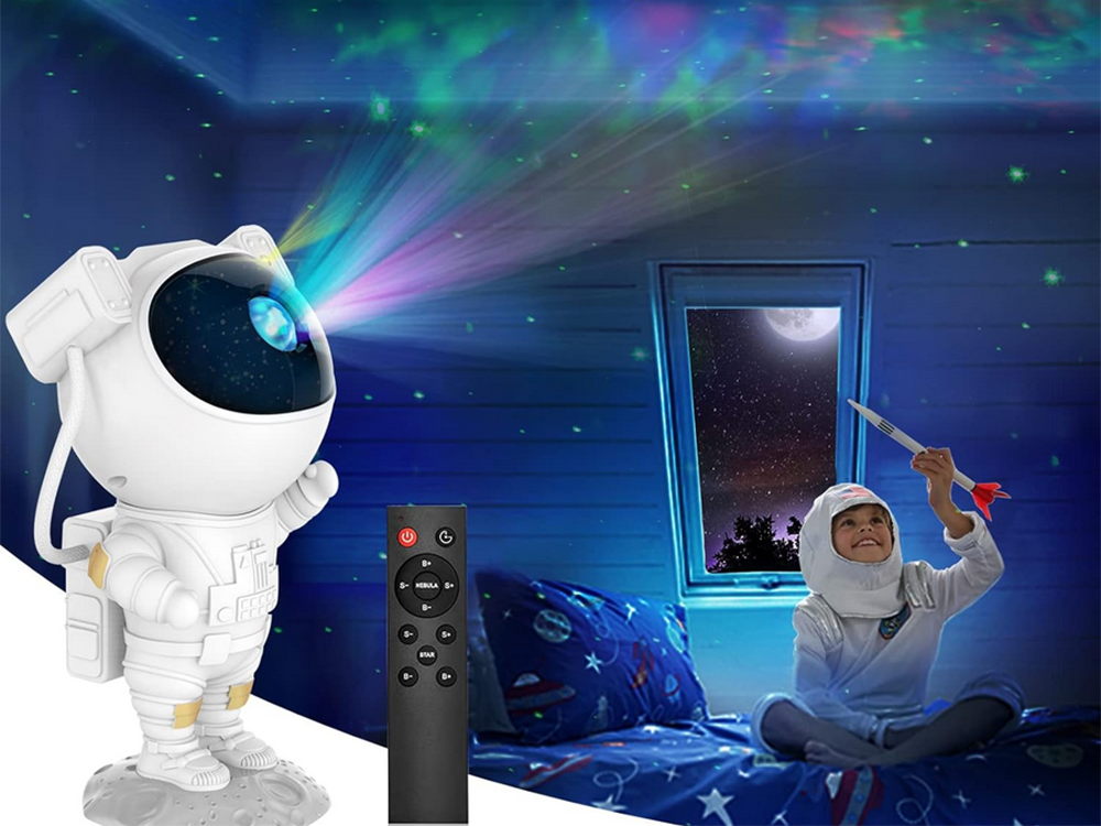 Zvaigžņu projektors Astronauts, LED nakts lampiņa ar tālvadības pulti
