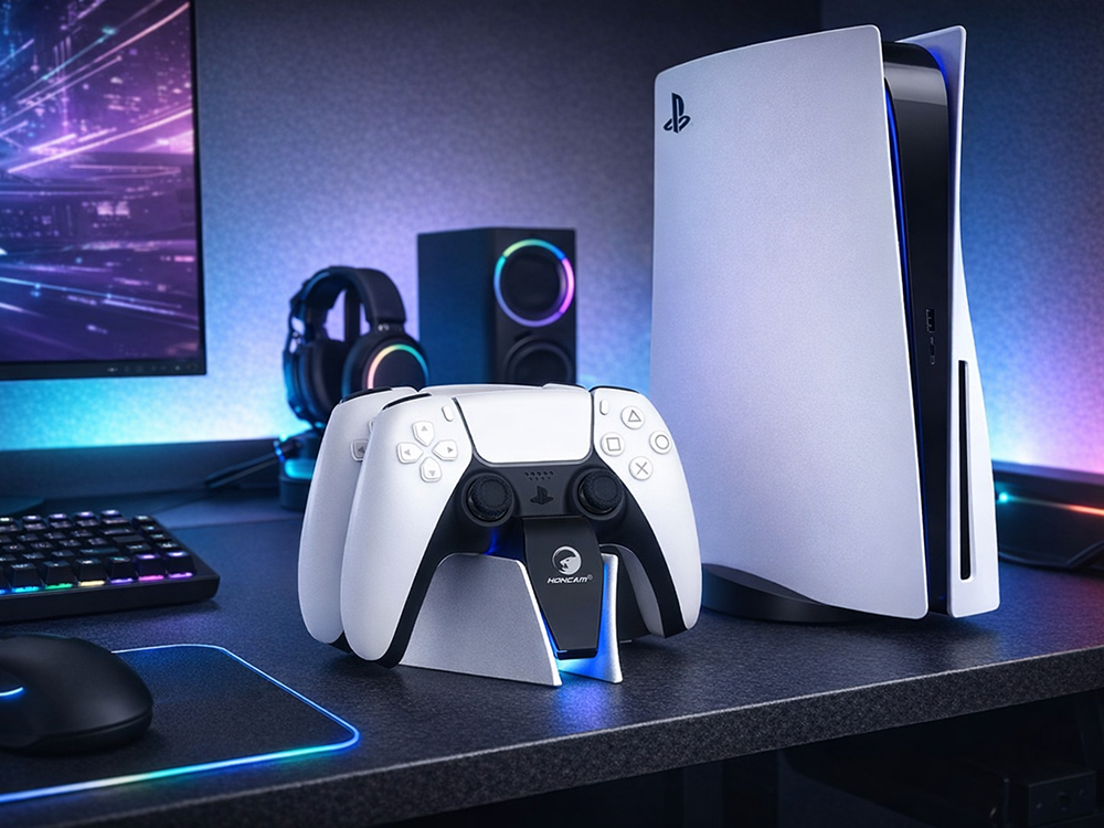 PS5 DualSense divu pultu uzlādes stacija, melnbalta