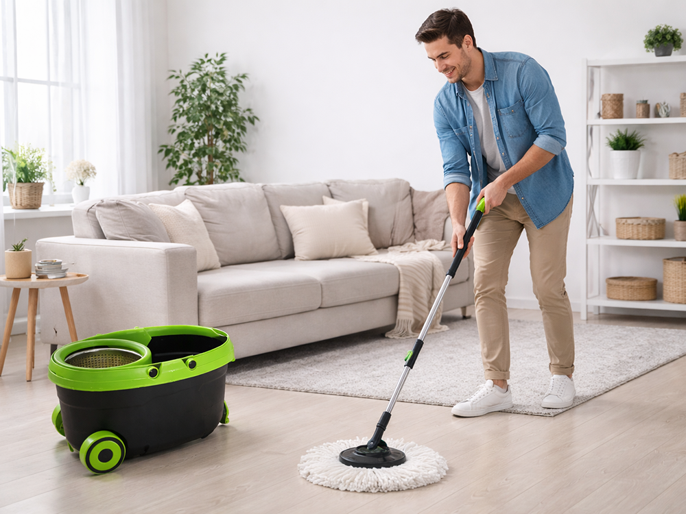 Rotējošais mops 360 un spainis uz riteņiem ar 2 mikrošķiedras lupatiņām