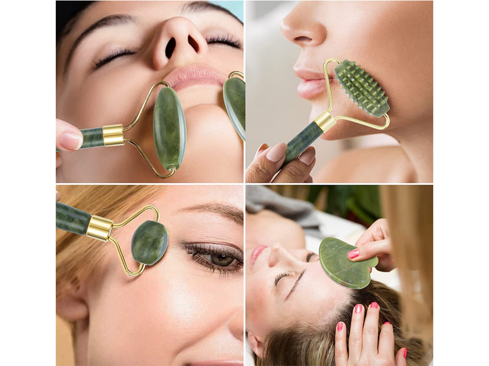 Nefrīta Sejas Rullīšu un Gua Sha Komplekts Kakla Dekoltē Zonas Masieris | Set of Jade Rollers for Face and Neck...