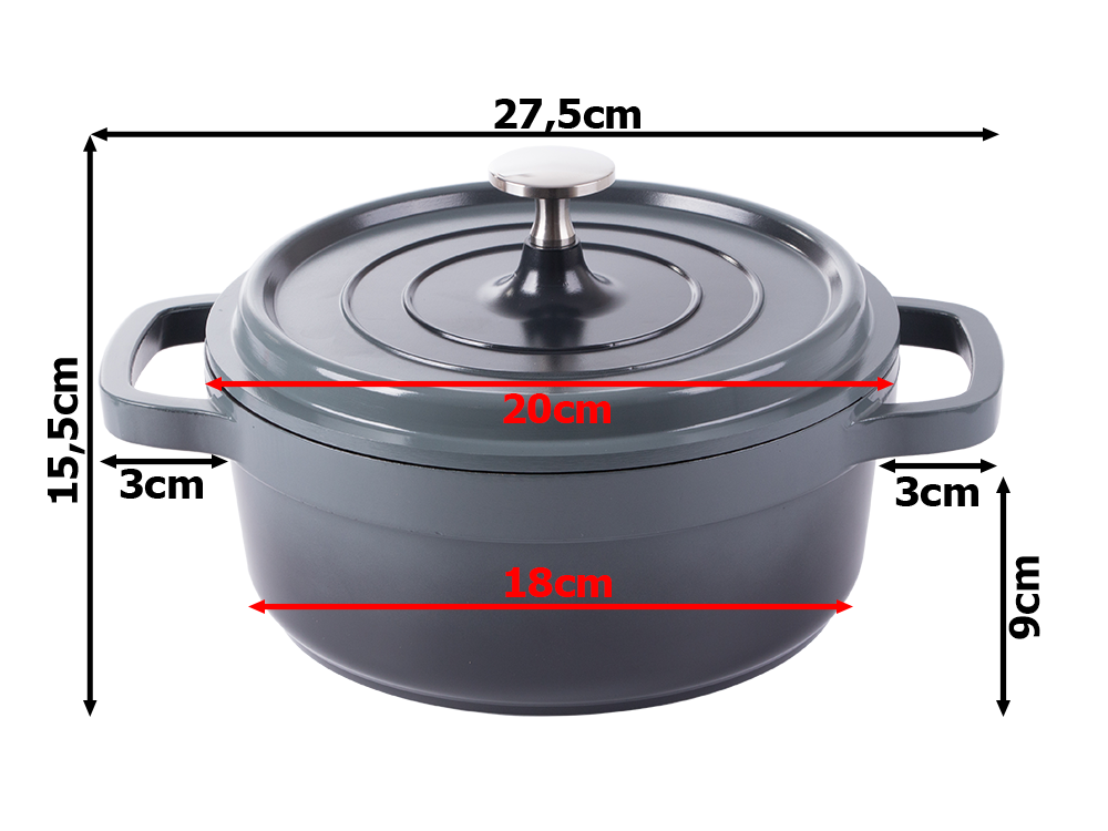 Sautējamais katls ar vāku 2 l, indukcijai, gāzei, non-stick, pelēks