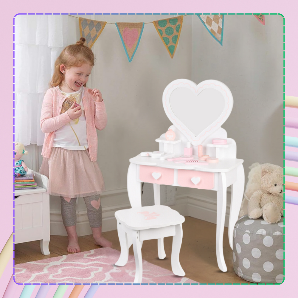Meiteņu Rotaļu Koka Tualetes Kosmētikas Galdiņš ar Aksesuāriem | Kids Makeup Cosmetic Dressing Table