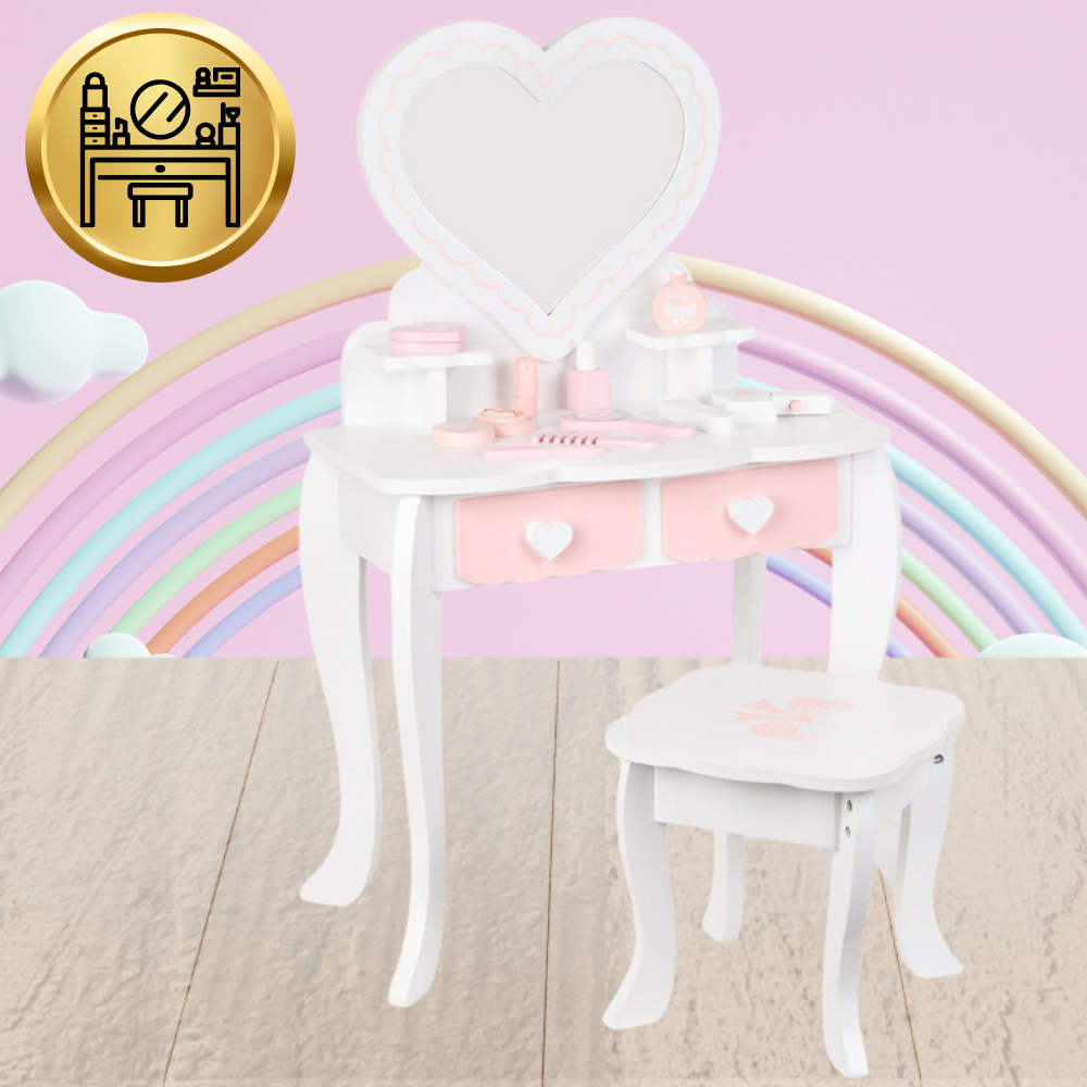 Meiteņu Rotaļu Koka Tualetes Kosmētikas Galdiņš ar Aksesuāriem | Kids Makeup Cosmetic Dressing Table
