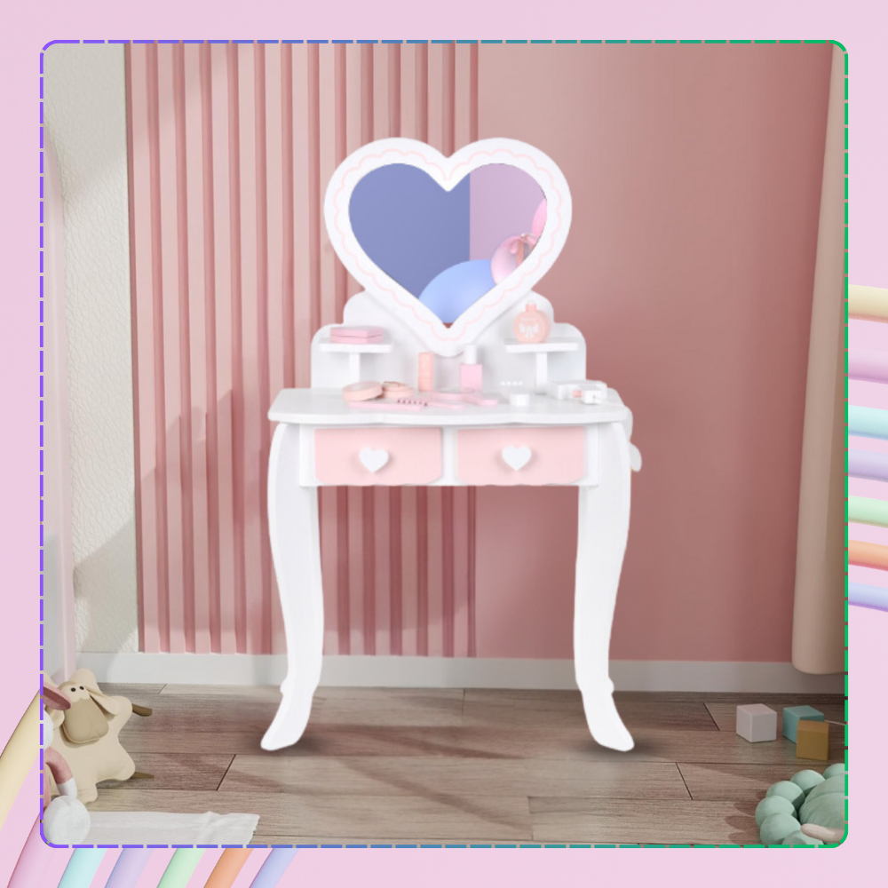 Meiteņu Rotaļu Koka Tualetes Kosmētikas Galdiņš ar Aksesuāriem | Kids Makeup Cosmetic Dressing Table