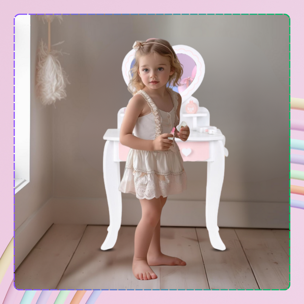 Meiteņu Rotaļu Koka Tualetes Kosmētikas Galdiņš ar Aksesuāriem | Kids Makeup Cosmetic Dressing Table