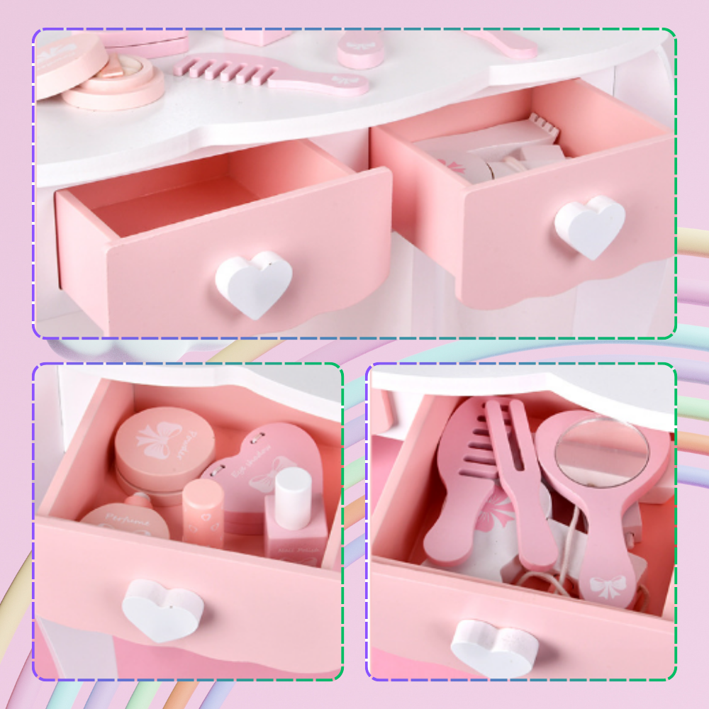 Meiteņu Rotaļu Koka Tualetes Kosmētikas Galdiņš ar Aksesuāriem | Kids Makeup Cosmetic Dressing Table