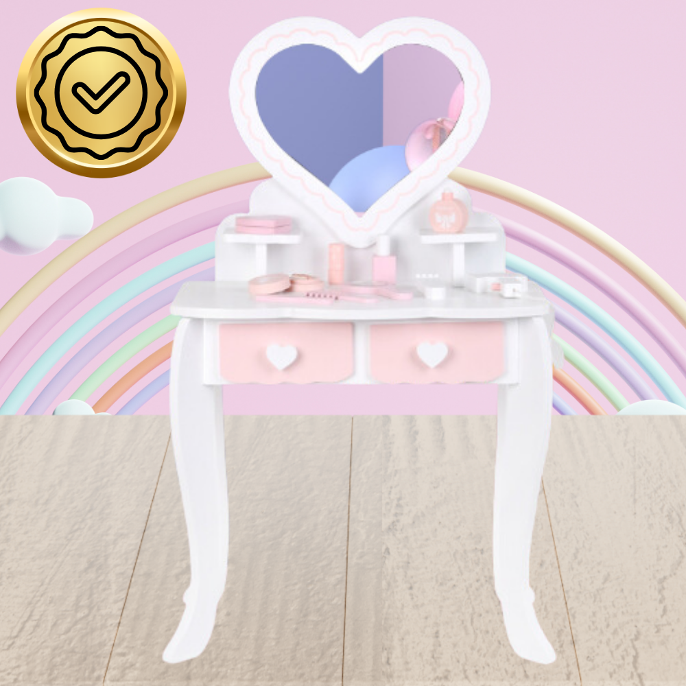 Meiteņu Rotaļu Koka Tualetes Kosmētikas Galdiņš ar Aksesuāriem | Kids Makeup Cosmetic Dressing Table