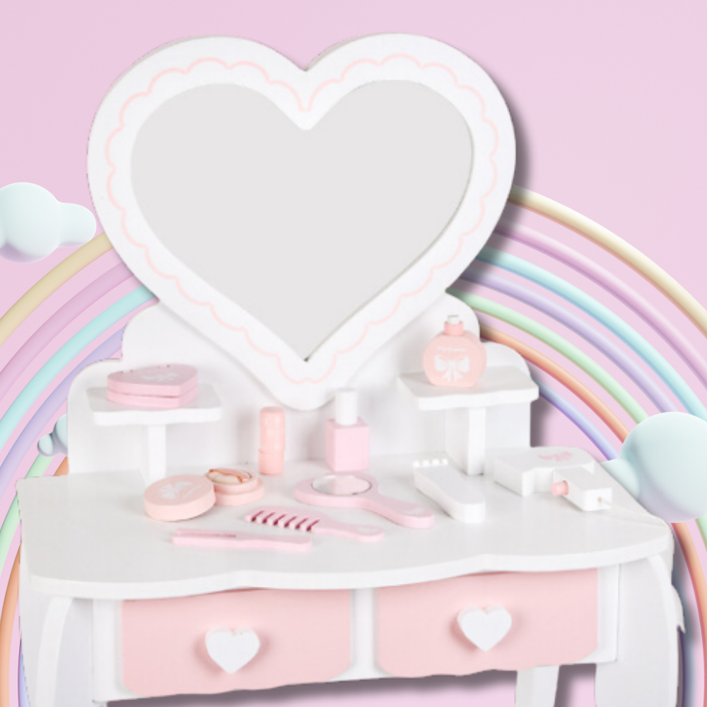 Meiteņu Rotaļu Koka Tualetes Kosmētikas Galdiņš ar Aksesuāriem | Kids Makeup Cosmetic Dressing Table