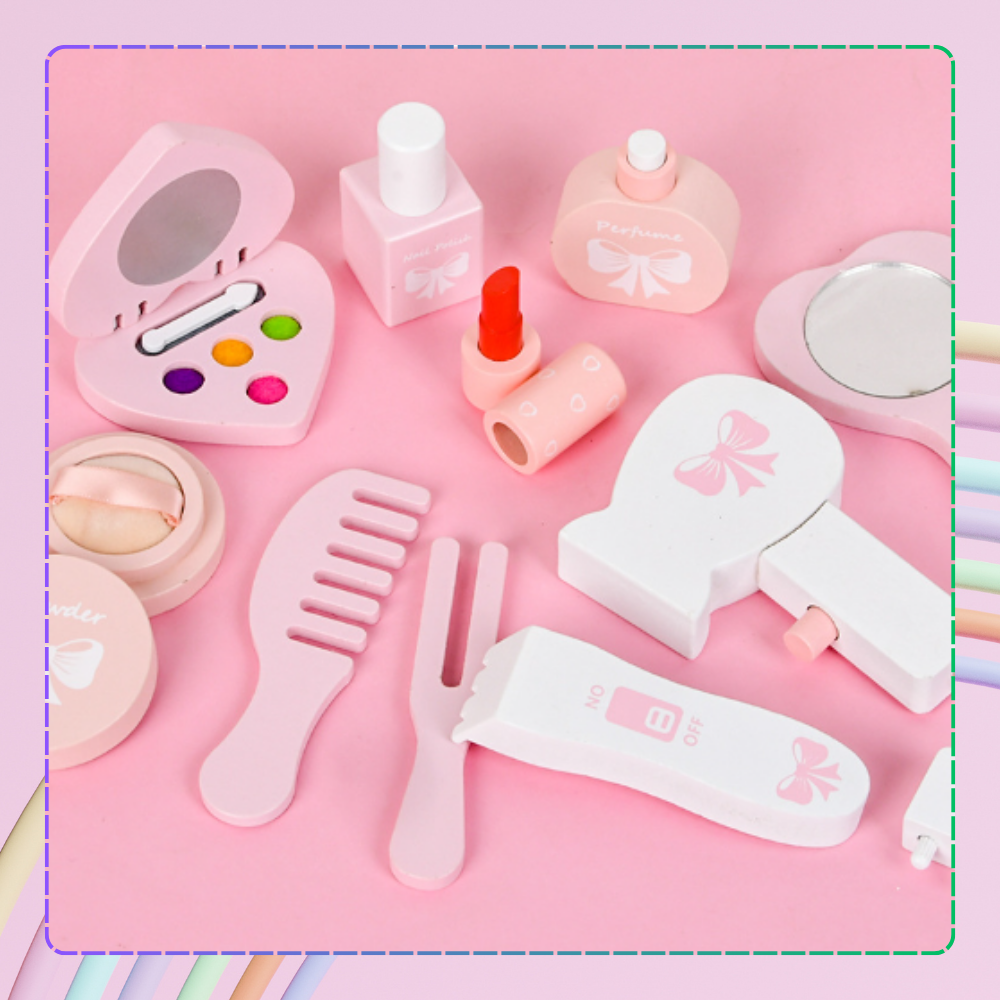 Meiteņu Rotaļu Koka Tualetes Kosmētikas Galdiņš ar Aksesuāriem | Kids Makeup Cosmetic Dressing Table