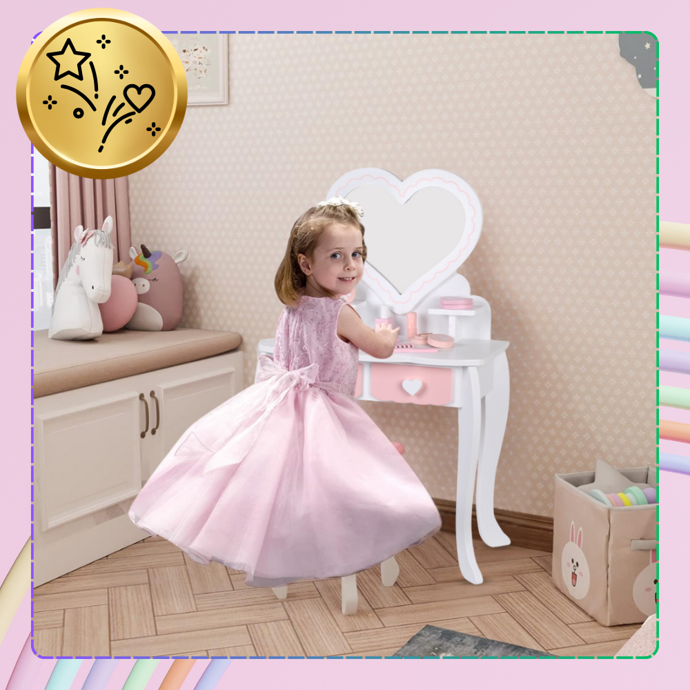 Meiteņu Rotaļu Koka Tualetes Kosmētikas Galdiņš ar Aksesuāriem | Kids Makeup Cosmetic Dressing Table